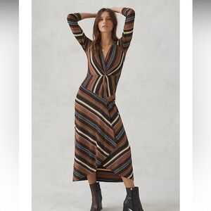 Anthropologie Maeve Striped Wrap Midi Maxi Dress Black Knotted Tan White